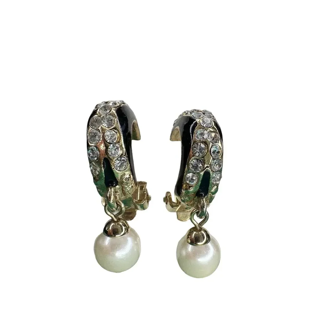 Vintage goldtone, black enamel, rhinestones, and faux pearl clip-on earrings